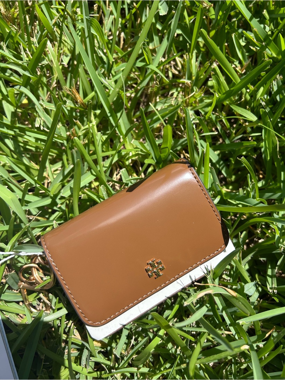 Tory Burch brown pattern leather  Thea flip card case chain new on sale now